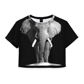 Женская футболка 3D укороченная с принтом Слон в Тюмени, 100% полиэстер | круглая горловина, длина футболки до линии талии, рукава с отворотами | Тематика изображения на принте: africa | big | black   white | elephant is an animal | shroud | tusks | африка | бивни | большой | животное | идет | савана | слон | черно   белый