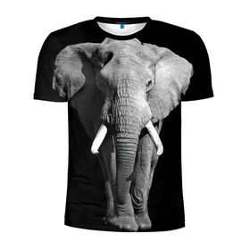 Мужская футболка 3D спортивная с принтом Слон в Тюмени, 100% полиэстер с улучшенными характеристиками | приталенный силуэт, круглая горловина, широкие плечи, сужается к линии бедра | africa | big | black   white | elephant is an animal | shroud | tusks | африка | бивни | большой | животное | идет | савана | слон | черно   белый