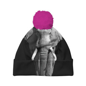 Шапка 3D c помпоном с принтом Слон в Тюмени, 100% полиэстер | универсальный размер, печать по всей поверхности изделия | Тематика изображения на принте: africa | big | black   white | elephant is an animal | shroud | tusks | африка | бивни | большой | животное | идет | савана | слон | черно   белый