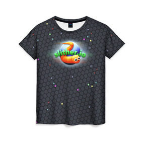 Женская футболка 3D с принтом Слизарио в Тюмени, 100% полиэфир ( синтетическое хлопкоподобное полотно) | прямой крой, круглый вырез горловины, длина до линии бедер | io | slither | игра | скользкий | слизняк | червяк