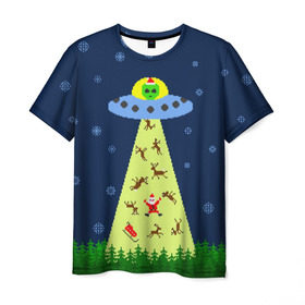 Мужская футболка 3D с принтом Похищение Санта Клауса в Тюмени, 100% полиэфир | прямой крой, круглый вырез горловины, длина до линии бедер | вязанный | дед мороз | нлоб инопланетяне | новый год | рождество | свитер