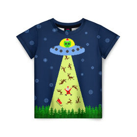 Детская футболка 3D с принтом Похищение Санта Клауса в Тюмени, 100% гипоаллергенный полиэфир | прямой крой, круглый вырез горловины, длина до линии бедер, чуть спущенное плечо, ткань немного тянется | Тематика изображения на принте: вязанный | дед мороз | нлоб инопланетяне | новый год | рождество | свитер