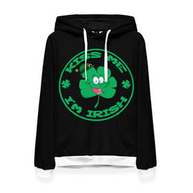 Женская толстовка 3D с принтом Ireland, Kiss me, I`m Irish в Тюмени, 100% полиэстер  | двухслойный капюшон со шнурком для регулировки, мягкие манжеты на рукавах и по низу толстовки, спереди карман-кенгуру с мягким внутренним слоем. | animation | background | black | clover | four | green | hat | im irish | ireland | kiss me | leaf | petal | printing | smile | анимация | зелёный | ирландец | ирландия | клевер | лепесток | листок | меня | печать | поцелуй | улыбка | фон | черный | четыр