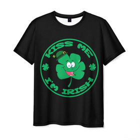Мужская футболка 3D с принтом Ireland, Kiss me, I`m Irish в Тюмени, 100% полиэфир | прямой крой, круглый вырез горловины, длина до линии бедер | animation | background | black | clover | four | green | hat | im irish | ireland | kiss me | leaf | petal | printing | smile | анимация | зелёный | ирландец | ирландия | клевер | лепесток | листок | меня | печать | поцелуй | улыбка | фон | черный | четыр