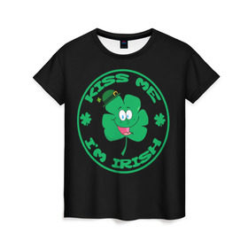 Женская футболка 3D с принтом Ireland, Kiss me, I`m Irish в Тюмени, 100% полиэфир ( синтетическое хлопкоподобное полотно) | прямой крой, круглый вырез горловины, длина до линии бедер | animation | background | black | clover | four | green | hat | im irish | ireland | kiss me | leaf | petal | printing | smile | анимация | зелёный | ирландец | ирландия | клевер | лепесток | листок | меня | печать | поцелуй | улыбка | фон | черный | четыр