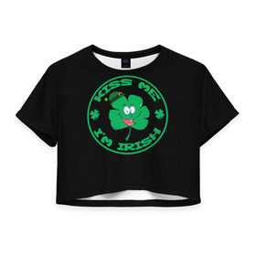 Женская футболка 3D укороченная с принтом Ireland, Kiss me, I`m Irish в Тюмени, 100% полиэстер | круглая горловина, длина футболки до линии талии, рукава с отворотами | animation | background | black | clover | four | green | hat | im irish | ireland | kiss me | leaf | petal | printing | smile | анимация | зелёный | ирландец | ирландия | клевер | лепесток | листок | меня | печать | поцелуй | улыбка | фон | черный | четыр