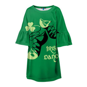 Детское платье 3D с принтом Ireland, Irish dance в Тюмени, 100% полиэстер | прямой силуэт, чуть расширенный к низу. Круглая горловина, на рукавах — воланы | Тематика изображения на принте: background | black | clover | dance | green | ireland | irish | petal | soft shoes | зеленый | ирландия | ирландский | клевер | лепесток | мягкая | обувь | танец | фон | черная