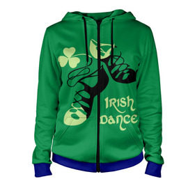Женская толстовка 3D на молнии с принтом Ireland, Irish dance в Тюмени, 100% полиэстер | длина до линии бедра, манжеты и пояс оформлены мягкой тканевой резинкой, двухслойный капюшон со шнурком для регулировки, спереди молния, по бокам два кармана | background | black | clover | dance | green | ireland | irish | petal | soft shoes | зеленый | ирландия | ирландский | клевер | лепесток | мягкая | обувь | танец | фон | черная