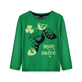 Детский лонгслив 3D с принтом Ireland, Irish dance в Тюмени, 100% полиэстер | длинные рукава, круглый вырез горловины, полуприлегающий силуэт
 | background | black | clover | dance | green | ireland | irish | petal | soft shoes | зеленый | ирландия | ирландский | клевер | лепесток | мягкая | обувь | танец | фон | черная