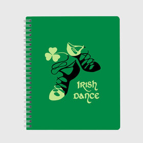 Тетрадь с принтом Ireland Irish dance в Тюмени, 100% бумага | 48 листов, плотность листов — 60 г/м2, плотность картонной обложки — 250 г/м2. Листы скреплены сбоку удобной пружинной спиралью. Уголки страниц и обложки скругленные. Цвет линий — светло-серый
 | background | black | clover | dance | green | ireland | irish | petal | soft shoes | зеленый | ирландия | ирландский | клевер | лепесток | мягкая | обувь | танец | фон | черная