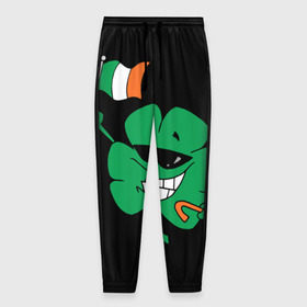 Мужские брюки 3D с принтом Ирландия, клевер с флагом в Тюмени, 100% полиэстер | манжеты по низу, эластичный пояс регулируется шнурком, по бокам два кармана без застежек, внутренняя часть кармана из мелкой сетки | animation | background | black | clover | flag | ireland | smile | stick | teeth | анимация | зубы | ирландия | клевер | очки | палка | улыбка | флаг | фон | черный