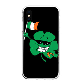 Чехол для iPhone XS Max матовый с принтом Ирландия клевер с флагом в Тюмени, Силикон | Область печати: задняя сторона чехла, без боковых панелей | Тематика изображения на принте: animation | background | black | clover | flag | ireland | smile | stick | teeth | анимация | зубы | ирландия | клевер | очки | палка | улыбка | флаг | фон | черный