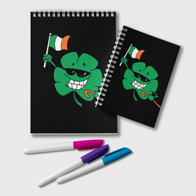 Блокнот с принтом Ирландия клевер с флагом в Тюмени, 100% бумага | 48 листов, плотность листов — 60 г/м2, плотность картонной обложки — 250 г/м2. Листы скреплены удобной пружинной спиралью. Цвет линий — светло-серый
 | Тематика изображения на принте: animation | background | black | clover | flag | ireland | smile | stick | teeth | анимация | зубы | ирландия | клевер | очки | палка | улыбка | флаг | фон | черный