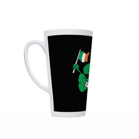 Кружка Латте с принтом Ирландия, клевер с флагом в Тюмени, Белая керамика | Объем 480 мл; Высота 150 мм; Диаметр 90 мм | animation | background | black | clover | flag | ireland | smile | stick | teeth | анимация | зубы | ирландия | клевер | очки | палка | улыбка | флаг | фон | черный