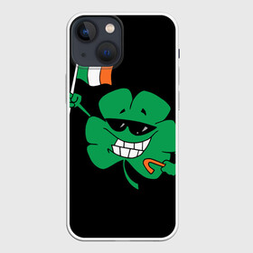 Чехол для iPhone 13 mini с принтом Ирландия, клевер с флагом в Тюмени,  |  | animation | background | black | clover | flag | ireland | smile | stick | teeth | анимация | зубы | ирландия | клевер | очки | палка | улыбка | флаг | фон | черный