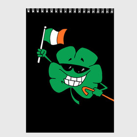 Скетчбук с принтом Ирландия клевер с флагом в Тюмени, 100% бумага
 | 48 листов, плотность листов — 100 г/м2, плотность картонной обложки — 250 г/м2. Листы скреплены сверху удобной пружинной спиралью | animation | background | black | clover | flag | ireland | smile | stick | teeth | анимация | зубы | ирландия | клевер | очки | палка | улыбка | флаг | фон | черный