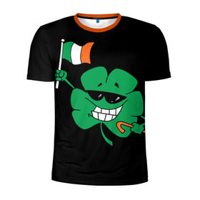 Мужская футболка 3D спортивная с принтом Ирландия, клевер с флагом в Тюмени, 100% полиэстер с улучшенными характеристиками | приталенный силуэт, круглая горловина, широкие плечи, сужается к линии бедра | animation | background | black | clover | flag | ireland | smile | stick | teeth | анимация | зубы | ирландия | клевер | очки | палка | улыбка | флаг | фон | черный
