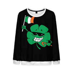 Мужской свитшот 3D с принтом Ирландия, клевер с флагом в Тюмени, 100% полиэстер с мягким внутренним слоем | круглый вырез горловины, мягкая резинка на манжетах и поясе, свободная посадка по фигуре | animation | background | black | clover | flag | ireland | smile | stick | teeth | анимация | зубы | ирландия | клевер | очки | палка | улыбка | флаг | фон | черный