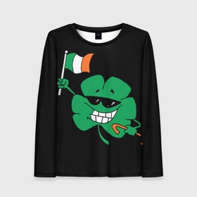 Женский лонгслив 3D с принтом Ирландия, клевер с флагом в Тюмени, 100% полиэстер | длинные рукава, круглый вырез горловины, полуприлегающий силуэт | animation | background | black | clover | flag | ireland | smile | stick | teeth | анимация | зубы | ирландия | клевер | очки | палка | улыбка | флаг | фон | черный