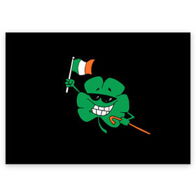 Поздравительная открытка с принтом Ирландия, клевер с флагом в Тюмени, 100% бумага | плотность бумаги 280 г/м2, матовая, на обратной стороне линовка и место для марки
 | Тематика изображения на принте: animation | background | black | clover | flag | ireland | smile | stick | teeth | анимация | зубы | ирландия | клевер | очки | палка | улыбка | флаг | фон | черный