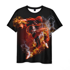 Мужская футболка 3D с принтом Огненный танец в Тюмени, 100% полиэфир | прямой крой, круглый вырез горловины, длина до линии бедер | background | black | dance | dancer | energy | fire | flame | flying | male | мужчина | огненный | пламя | полет | танец | танцор | фон | черный | энергия