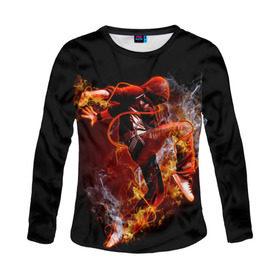 Женский лонгслив 3D с принтом Огненный танец в Тюмени, 100% полиэстер | длинные рукава, круглый вырез горловины, полуприлегающий силуэт | background | black | dance | dancer | energy | fire | flame | flying | male | мужчина | огненный | пламя | полет | танец | танцор | фон | черный | энергия