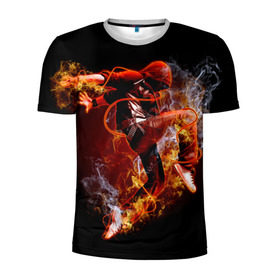 Мужская футболка 3D спортивная с принтом Огненный танец в Тюмени, 100% полиэстер с улучшенными характеристиками | приталенный силуэт, круглая горловина, широкие плечи, сужается к линии бедра | Тематика изображения на принте: background | black | dance | dancer | energy | fire | flame | flying | male | мужчина | огненный | пламя | полет | танец | танцор | фон | черный | энергия