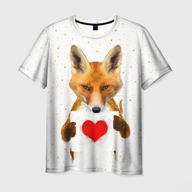Мужская футболка 3D с принтом Влюбленная лиса в Тюмени, 100% полиэфир | прямой крой, круглый вырез горловины, длина до линии бедер | animal | beast | fox | heart | love | orange | животное | зверь | лис | лиса | личиска | любовь | рыжая | сердце
