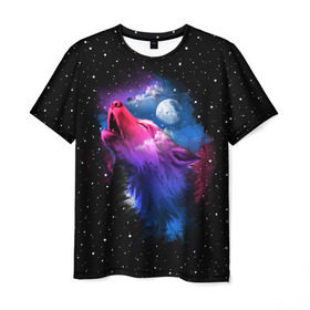 Мужская футболка 3D с принтом Воющий волк в Тюмени, 100% полиэфир | прямой крой, круглый вырез горловины, длина до линии бедер | Тематика изображения на принте: animal | beast | cosmic | galaxy | moon | planet | rage | roar | space | star | universe | wild | wolf | волк | вселенная | галактика | животное | звезды | зверь | космос | луна | планета | рык | ярость