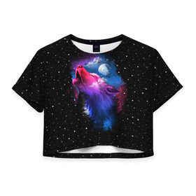 Женская футболка 3D укороченная с принтом Воющий волк в Тюмени, 100% полиэстер | круглая горловина, длина футболки до линии талии, рукава с отворотами | animal | beast | cosmic | galaxy | moon | planet | rage | roar | space | star | universe | wild | wolf | волк | вселенная | галактика | животное | звезды | зверь | космос | луна | планета | рык | ярость