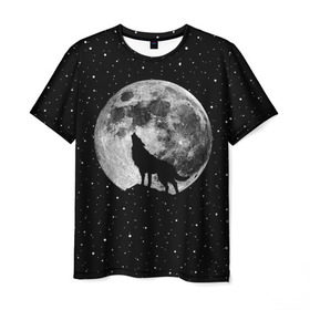 Мужская футболка 3D с принтом Лунный волк в Тюмени, 100% полиэфир | прямой крой, круглый вырез горловины, длина до линии бедер | animal | beast | cosmic | galaxy | moon | planet | rage | roar | space | star | universe | wild | wolf | волк | вселенная | галактика | животное | звезды | зверь | космос | луна | планета | рык | ярость