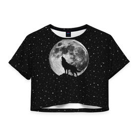 Женская футболка 3D укороченная с принтом Лунный волк в Тюмени, 100% полиэстер | круглая горловина, длина футболки до линии талии, рукава с отворотами | animal | beast | cosmic | galaxy | moon | planet | rage | roar | space | star | universe | wild | wolf | волк | вселенная | галактика | животное | звезды | зверь | космос | луна | планета | рык | ярость