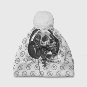 Шапка 3D c помпоном с принтом Череп меломана в Тюмени, 100% полиэстер | универсальный размер, печать по всей поверхности изделия | Тематика изображения на принте: bone | dark | death | dubstep | electro | evil | hipster | metal | music | rock | skelet | skull | дабстеп | кости | меломан | метал | музыка | наушники | рок | скелет | хипстер | череп