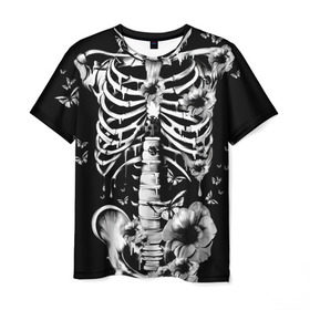 Мужская футболка 3D с принтом Floral Skeleton в Тюмени, 100% полиэфир | прямой крой, круглый вырез горловины, длина до линии бедер | art | bone | dark | death | fashion | flower | hipster | skelet | skull | арт | грудь | кости | мода | ребра | скелет | стиль | темный | хипстер | цвет | череп