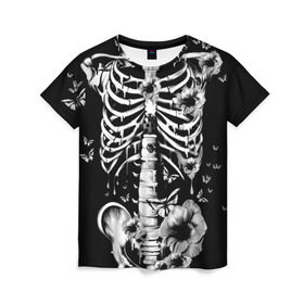 Женская футболка 3D с принтом Floral Skeleton в Тюмени, 100% полиэфир ( синтетическое хлопкоподобное полотно) | прямой крой, круглый вырез горловины, длина до линии бедер | art | bone | dark | death | fashion | flower | hipster | skelet | skull | арт | грудь | кости | мода | ребра | скелет | стиль | темный | хипстер | цвет | череп