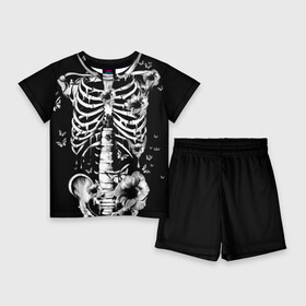 Детский костюм с шортами 3D с принтом Floral Skeleton в Тюмени,  |  | art | bone | dark | death | fashion | flower | hipster | skelet | skull | арт | грудь | кости | мода | ребра | скелет | стиль | темный | хипстер | цвет | череп