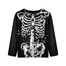Детский лонгслив 3D с принтом Floral Skeleton в Тюмени, 100% полиэстер | длинные рукава, круглый вырез горловины, полуприлегающий силуэт
 | art | bone | dark | death | fashion | flower | hipster | skelet | skull | арт | грудь | кости | мода | ребра | скелет | стиль | темный | хипстер | цвет | череп