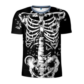 Мужская футболка 3D спортивная с принтом Floral Skeleton в Тюмени, 100% полиэстер с улучшенными характеристиками | приталенный силуэт, круглая горловина, широкие плечи, сужается к линии бедра | Тематика изображения на принте: art | bone | dark | death | fashion | flower | hipster | skelet | skull | арт | грудь | кости | мода | ребра | скелет | стиль | темный | хипстер | цвет | череп