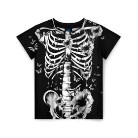 Детская футболка 3D с принтом Floral Skeleton в Тюмени, 100% гипоаллергенный полиэфир | прямой крой, круглый вырез горловины, длина до линии бедер, чуть спущенное плечо, ткань немного тянется | Тематика изображения на принте: art | bone | dark | death | fashion | flower | hipster | skelet | skull | арт | грудь | кости | мода | ребра | скелет | стиль | темный | хипстер | цвет | череп