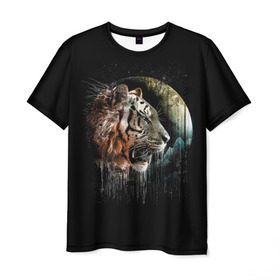 Мужская футболка 3D с принтом Космический тигр в Тюмени, 100% полиэфир | прямой крой, круглый вырез горловины, длина до линии бедер | animal | beast | cat | cosmic | galaxy | meow | moon | planet | roar | space | tiger | галактика | животное | зверь | космос | кот | кошка | луна | мяу | планета | рык | тигр | ярость