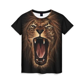 Женская футболка 3D с принтом Львиный рык в Тюмени, 100% полиэфир ( синтетическое хлопкоподобное полотно) | прямой крой, круглый вырез горловины, длина до линии бедер | animal | beast | cat | feline | king | lion | meow | pussy | rage | roar | животное | зверь | король | кот | кошка | лев | львица | мяу | рык | хищник | царь | ярость