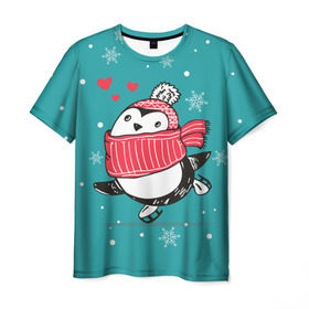 Мужская футболка 3D с принтом Пингвинчик на коньках в Тюмени, 100% полиэфир | прямой крой, круглый вырез горловины, длина до линии бедер | Тематика изображения на принте: 14 февраля | день святого валентина | зима | пингвин | снег | снежинки