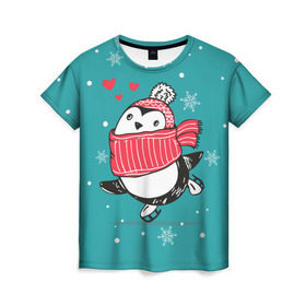 Женская футболка 3D с принтом Пингвинчик на коньках в Тюмени, 100% полиэфир ( синтетическое хлопкоподобное полотно) | прямой крой, круглый вырез горловины, длина до линии бедер | 14 февраля | день святого валентина | зима | пингвин | снег | снежинки