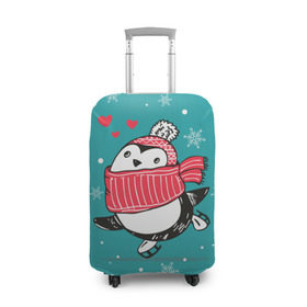 Чехол для чемодана 3D с принтом Пингвинчик на коньках в Тюмени, 86% полиэфир, 14% спандекс | двустороннее нанесение принта, прорези для ручек и колес | 14 февраля | день святого валентина | зима | пингвин | снег | снежинки