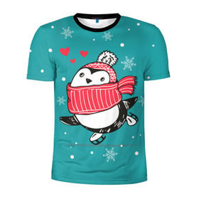 Мужская футболка 3D спортивная с принтом Пингвинчик на коньках в Тюмени, 100% полиэстер с улучшенными характеристиками | приталенный силуэт, круглая горловина, широкие плечи, сужается к линии бедра | 14 февраля | день святого валентина | зима | пингвин | снег | снежинки