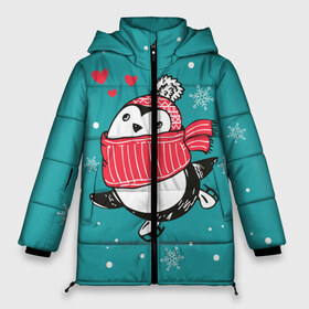 Женская зимняя куртка 3D с принтом Пингвинчик на коньках в Тюмени, верх — 100% полиэстер; подкладка — 100% полиэстер; утеплитель — 100% полиэстер | длина ниже бедра, силуэт Оверсайз. Есть воротник-стойка, отстегивающийся капюшон и ветрозащитная планка. 

Боковые карманы с листочкой на кнопках и внутренний карман на молнии | 14 февраля | день святого валентина | зима | пингвин | снег | снежинки