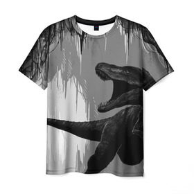 Мужская футболка 3D с принтом Пещера динозавра в Тюмени, 100% полиэфир | прямой крой, круглый вырез горловины, длина до линии бедер | animal | beast | dino | rage | roar | динозавр | животное | зверь | земля | пещера | рык | эра | ярость