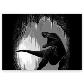 Поздравительная открытка с принтом Пещера динозавра в Тюмени, 100% бумага | плотность бумаги 280 г/м2, матовая, на обратной стороне линовка и место для марки
 | animal | beast | dino | rage | roar | динозавр | животное | зверь | земля | пещера | рык | эра | ярость