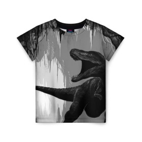 Детская футболка 3D с принтом Пещера динозавра в Тюмени, 100% гипоаллергенный полиэфир | прямой крой, круглый вырез горловины, длина до линии бедер, чуть спущенное плечо, ткань немного тянется | animal | beast | dino | rage | roar | динозавр | животное | зверь | земля | пещера | рык | эра | ярость