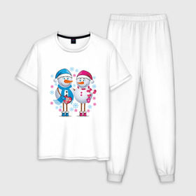 Мужская пижама хлопок с принтом Снеговики. Любовь. Рождество. в Тюмени, 100% хлопок | брюки и футболка прямого кроя, без карманов, на брюках мягкая резинка на поясе и по низу штанин
 | 